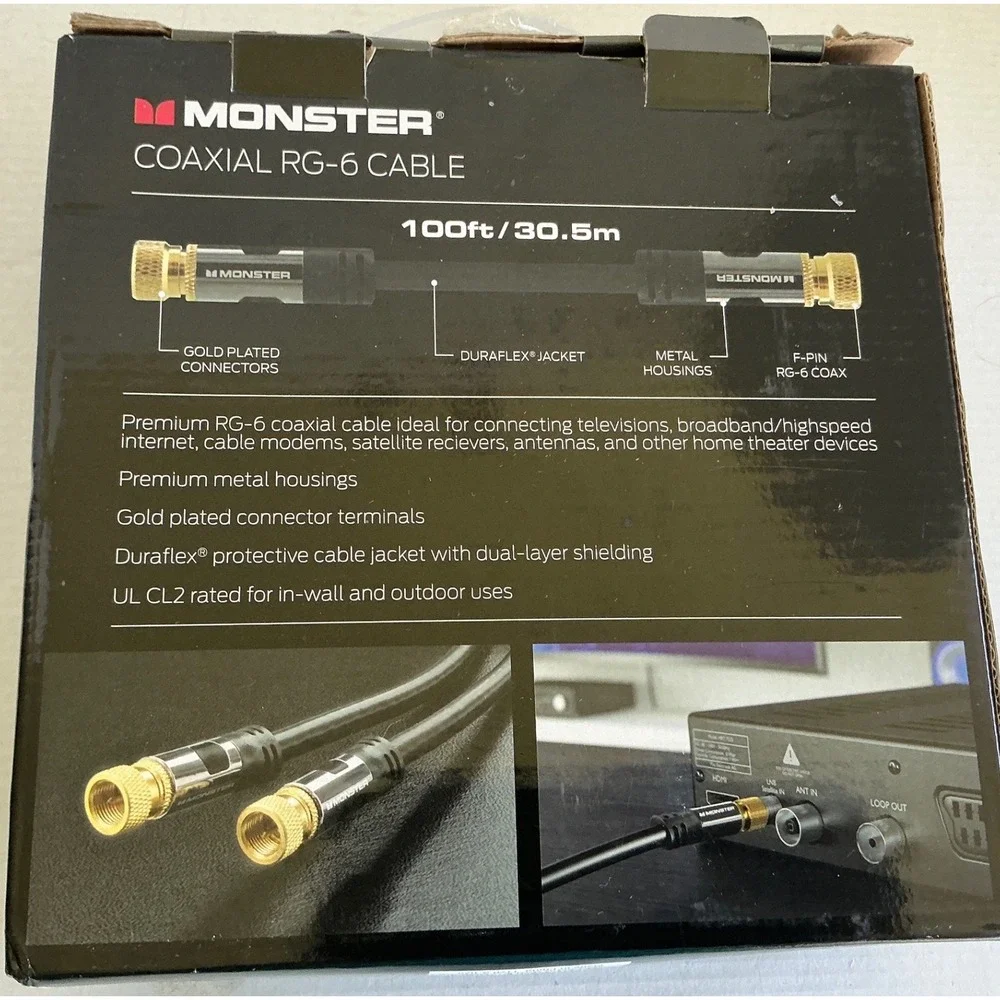 Monster Coaxial RG-6 Cable 100ft In-Wall Rated Gold Plated Connectors Black